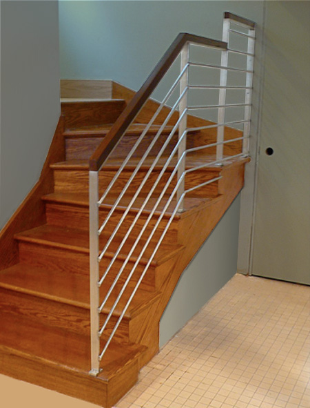 Polished Stainless and Oak Stair Railing – Lower Level